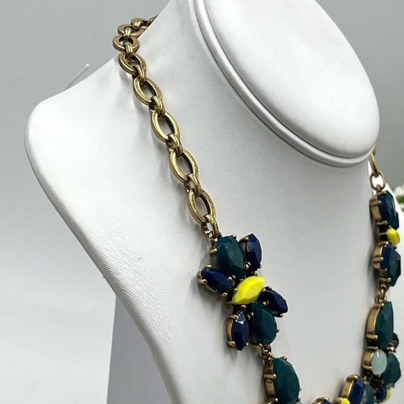 J. Crew Crystal Floral Teal Indigo Yellow Multi-Color Statement Bib Necklace - Picture 8 of 15